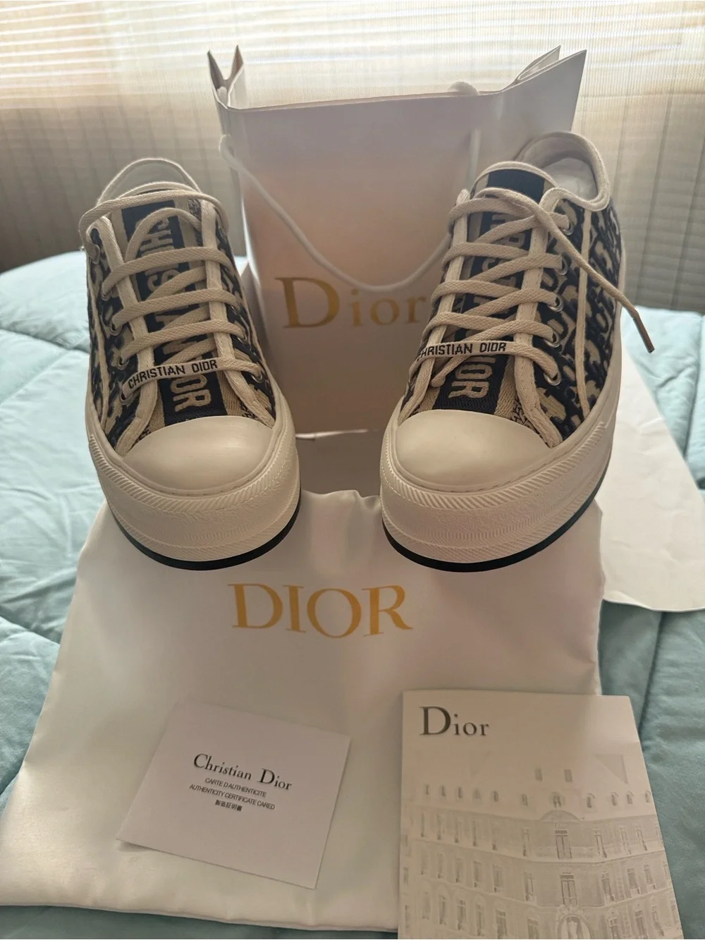 Christian Dior Oblique Canvas Low-Top Sneakers - Cream & Blue - Picture 1 of 4